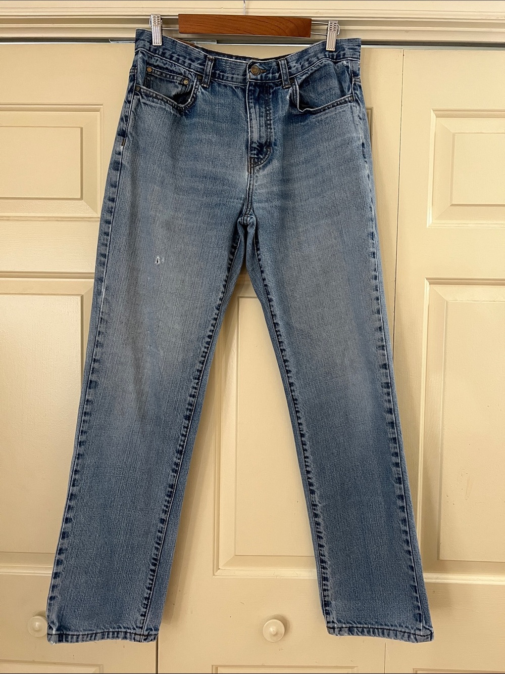 Chaps Light Wash Straight Fit Jeans for Men Well Worn Look Leather Chaps Patch